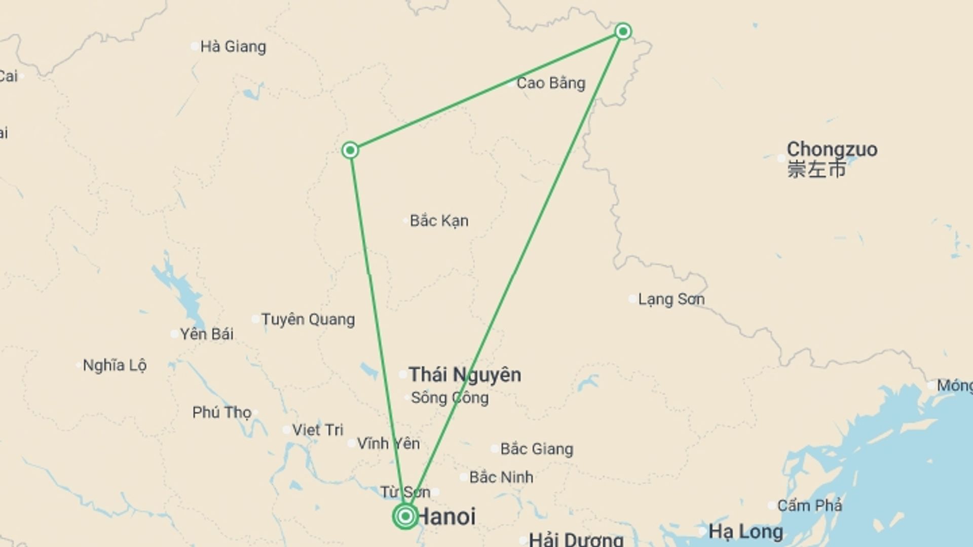 A map showing the tour itinerary for the trip: Ba be lake - ban gioc waterfall, starting in Hanoi, Vietnam and ending in Hanoi, Vietnam going through 2 other destinations.