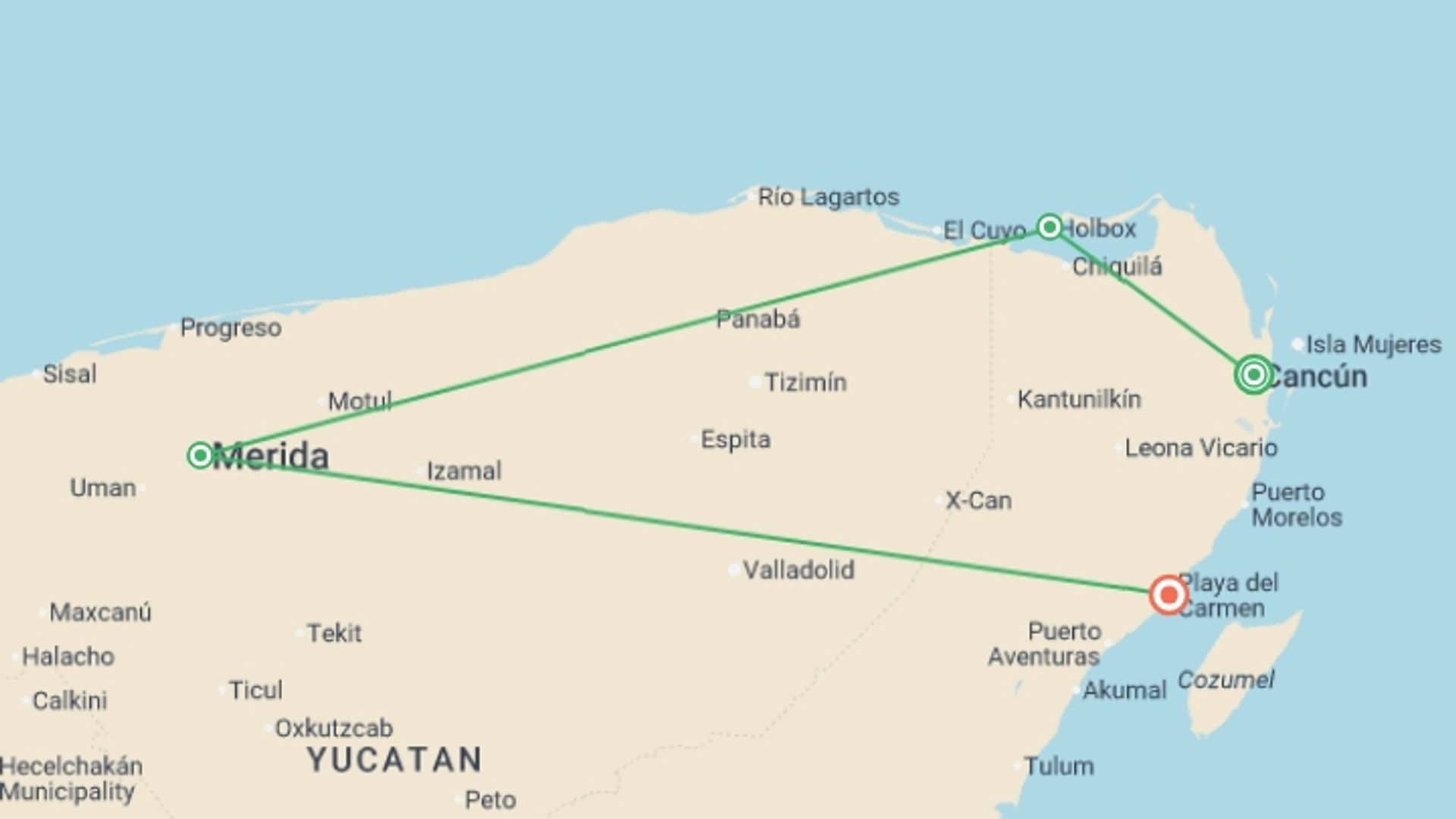 A map showing the tour itinerary for the trip: Mexico Yucatan Loop, starting in Cancún, Mexico and ending in Playa Del Carmen, Mexico going through 2 other destinations.