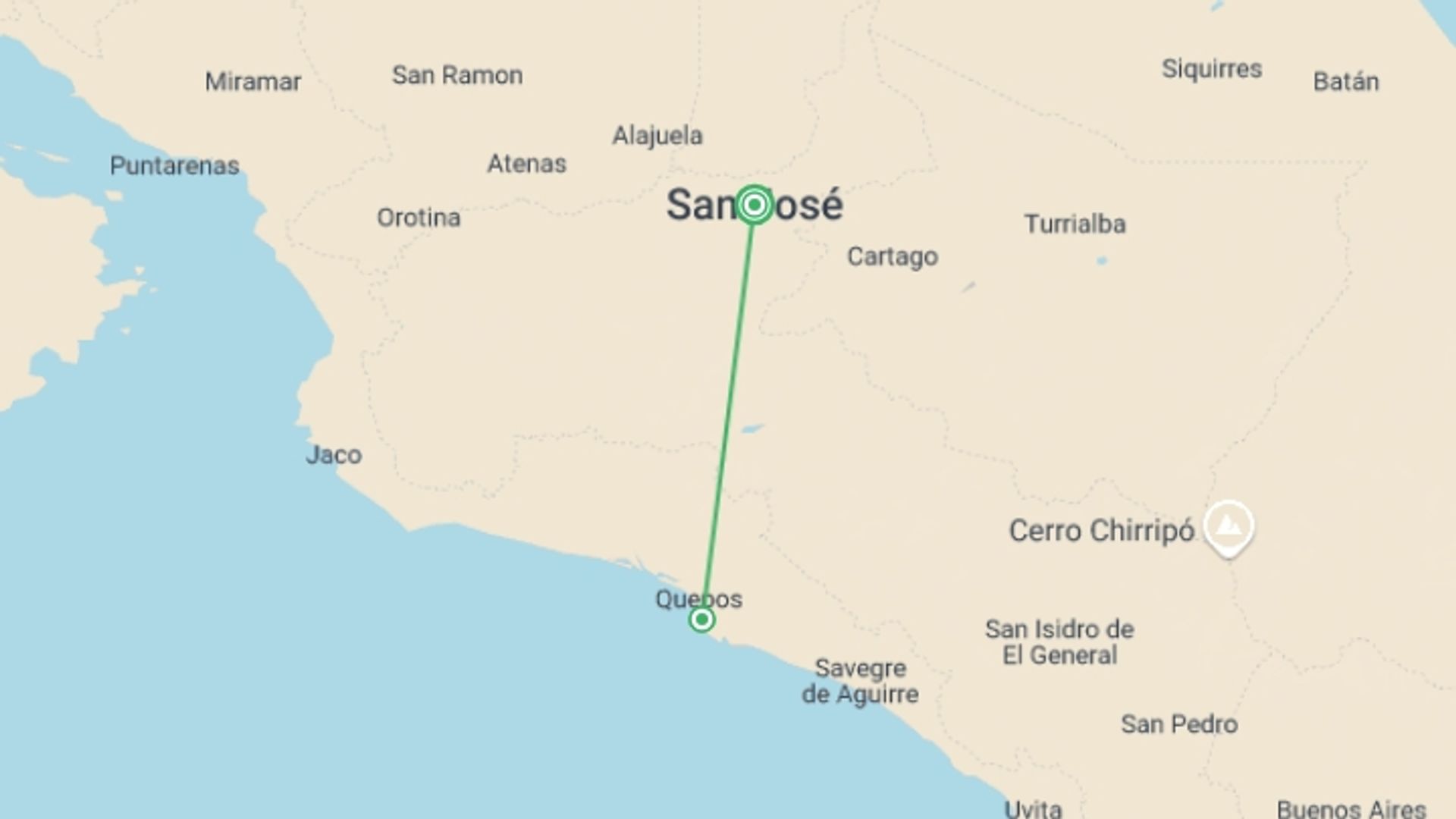 A map showing the tour itinerary for the trip: Dreamlike Manuel Antonio Beach, Short Break, starting in Punta Arenas, Costa Rica and ending in Punta Arenas, Costa Rica going through 2 other destinations.