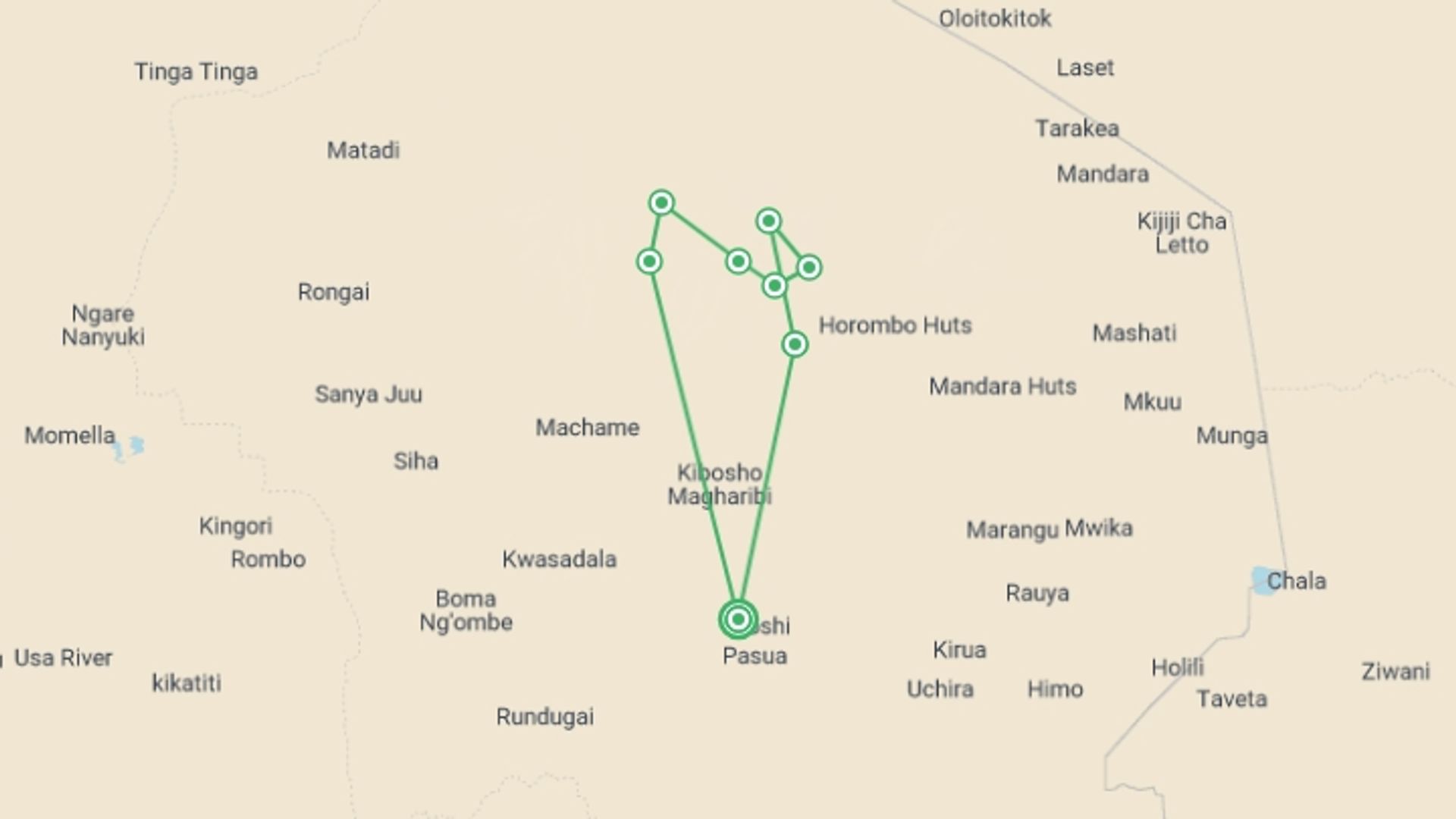 A map showing the tour itinerary for the trip: 7 Days Mount Kilimanjaro Climbing  via Machame Route, starting in Moshi, Tanzania and ending in Moshi, Tanzania going through 7 other destinations.