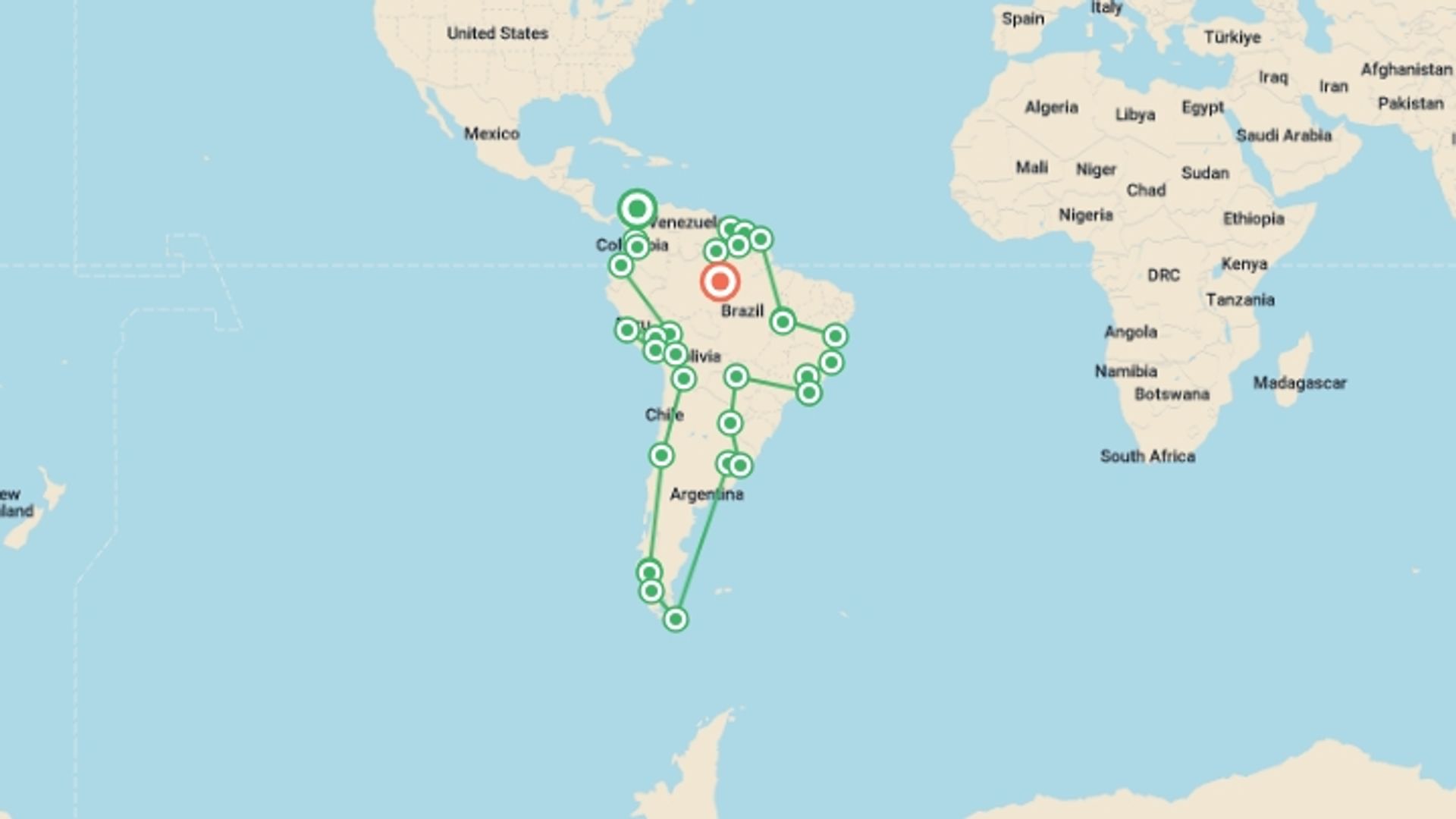 A map showing the tour itinerary for the trip: Cartagena To Manaus Inc. Guianas, starting in Cartagena, Colombia and ending in Manaus, Brazil going through 22 other destinations.