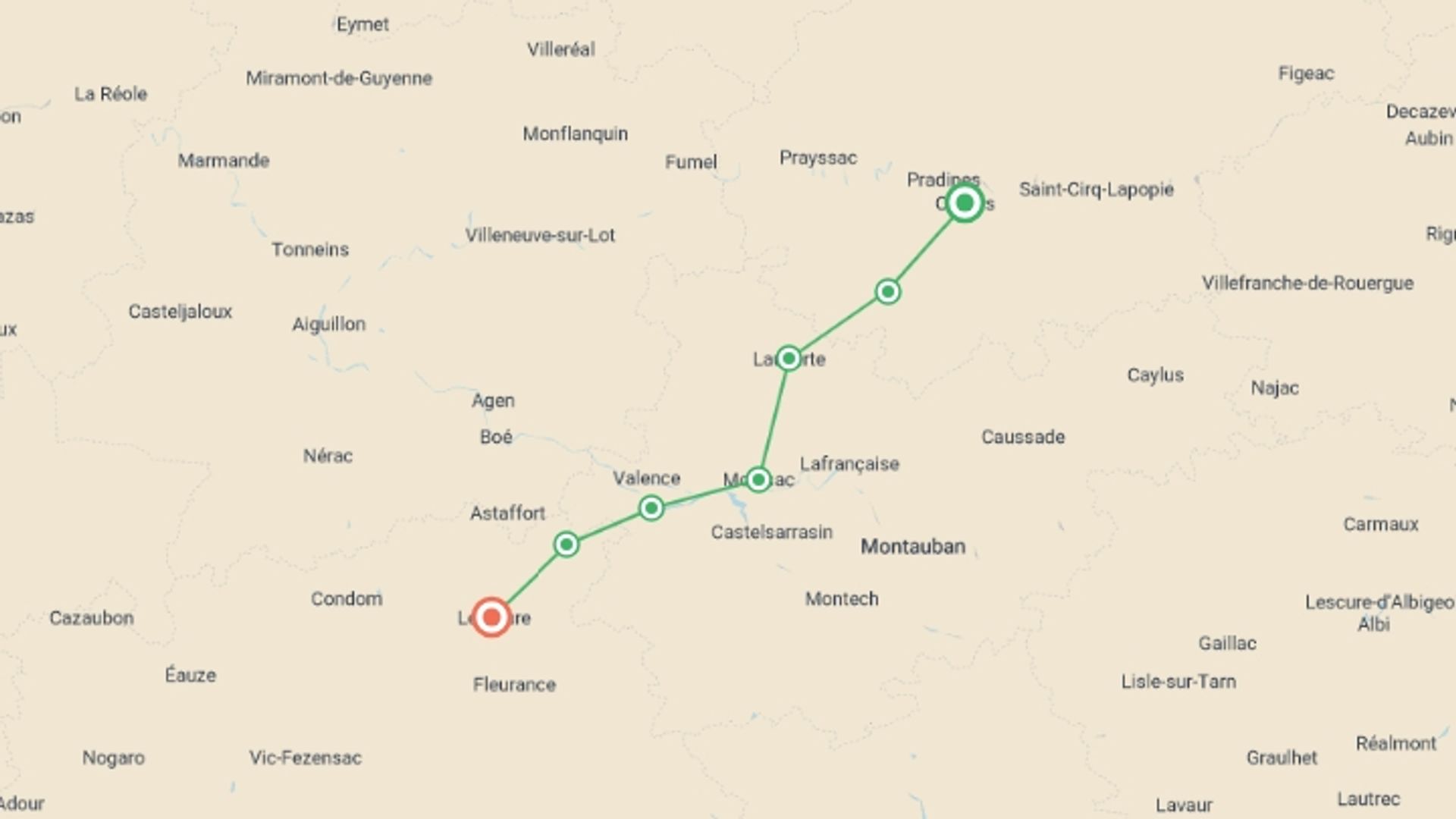 A map showing the tour itinerary for the trip: Le Puy Camino - Cahors to Lectoure, starting in The Way of St. James, France and ending in Lectoure, France going through 6 other destinations.