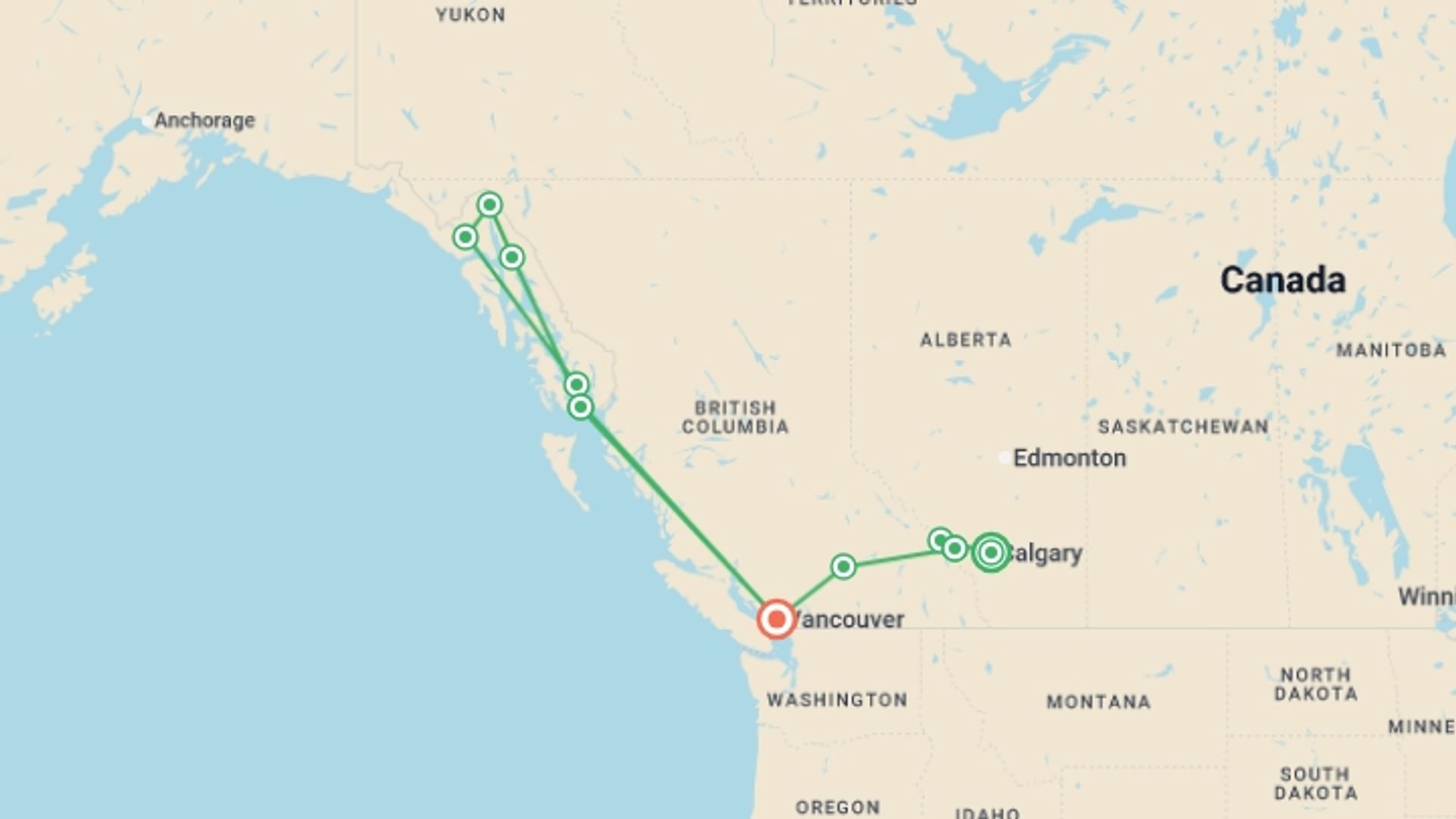 A map showing the tour itinerary for the trip: Canadian Rockies and Alaska's Inside Passage, starting in Calgary, Canada and ending in Vancouver, Canada going through 9 other destinations.
