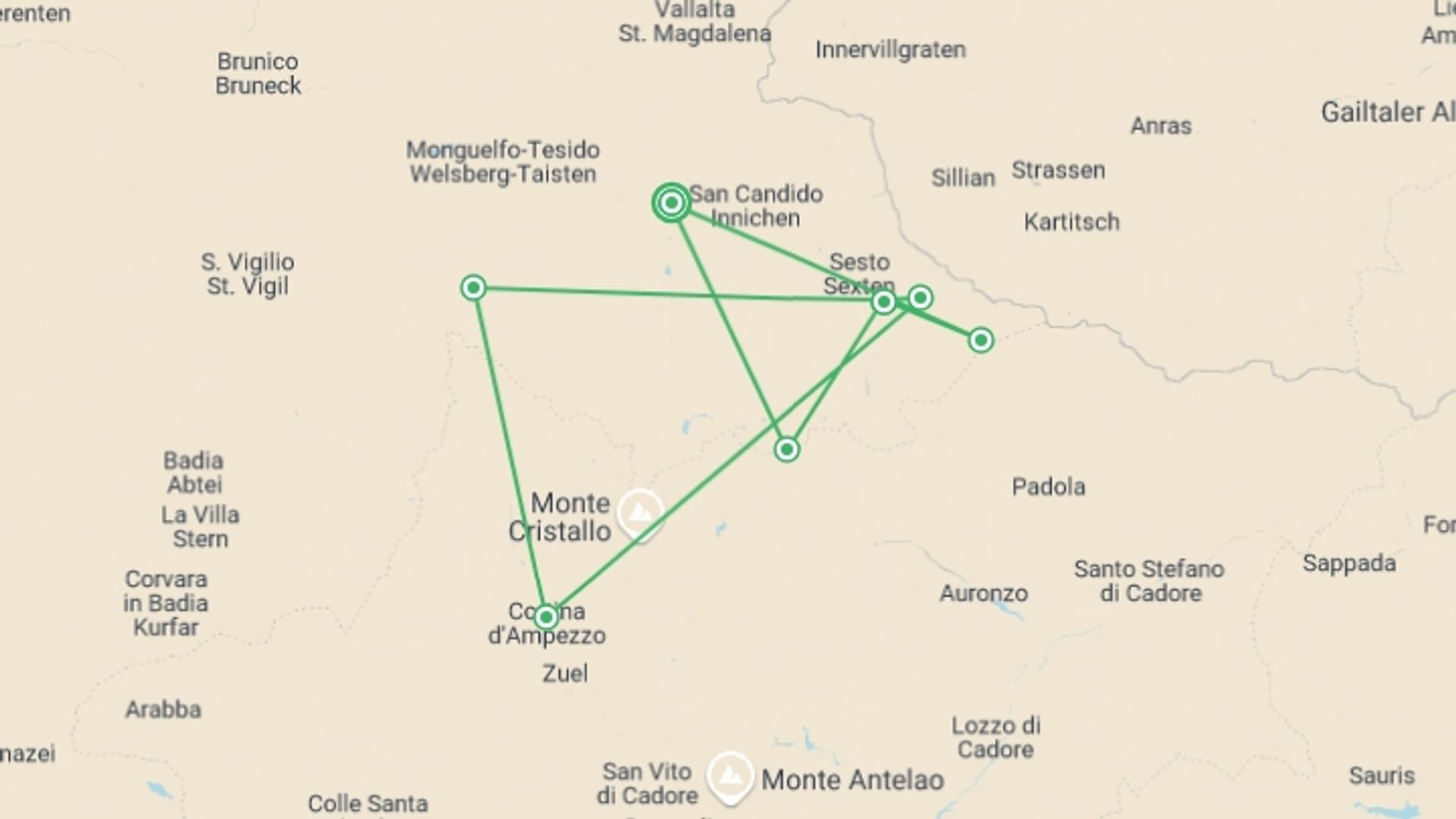 A map showing the tour itinerary for the trip: Walks in the Italian Dolomites, starting in Dobbiaco, Italy and ending in Dobbiaco, Italy going through 5 other destinations.