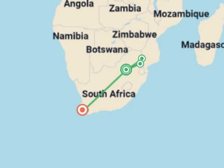 Map itinerary of Africa Tour in June 2026 with 5 destination visits for the trip: Picturesque Solo South Africa Tour