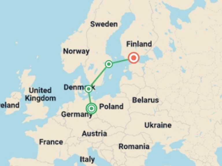 Map of Europe Explorer Tour with 4 destination visits for the trip: Explore Berlin to Helsinki