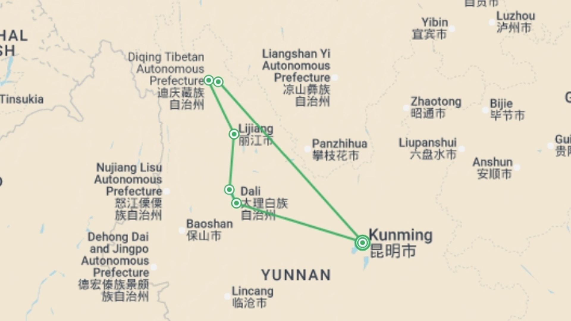 A map showing the tour itinerary for the trip: Best of Yunnan - 10 days, starting in Kunming, China and ending in Kunming, China going through 5 other destinations.