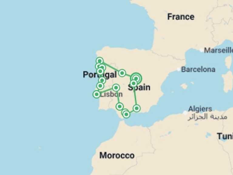 Map itinerary of Europe Tour in Summer with 8 destination visits for the trip: Castilla, Portugal & Andalucia - 11 days