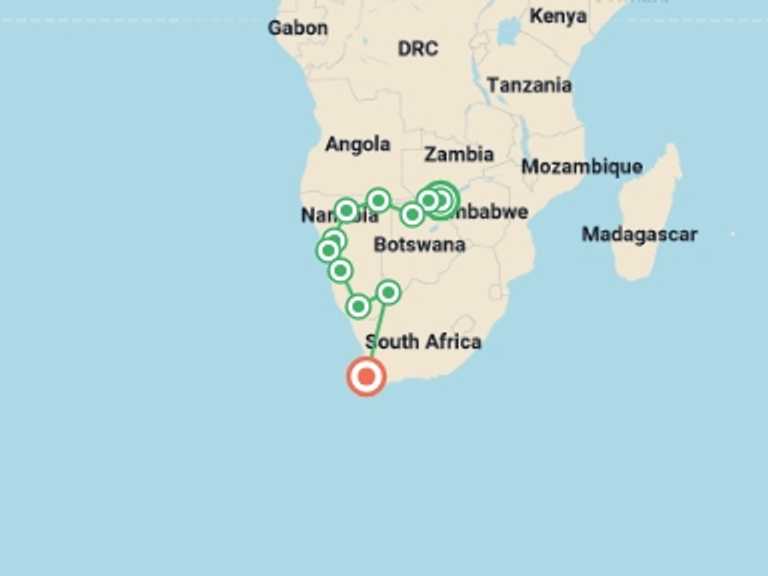 Map of East Africa Tour with 11 destination visits for the trip: Southern Africa Falls to Cape - 20 days