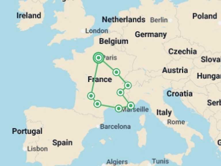 Map itinerary of France Tour in May 2026 with 8 destination visits for the trip: Country Roads of France