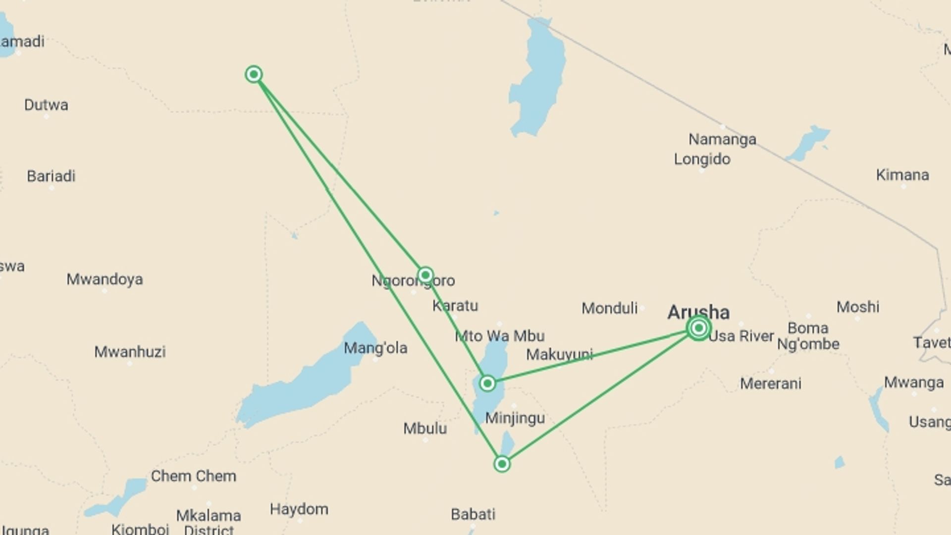 A map showing the tour itinerary for the trip: Northern Circuit Luxury Safari Tour: 5 Days , starting in Arusha, Tanzania and ending in Arusha, Tanzania going through 4 other destinations.