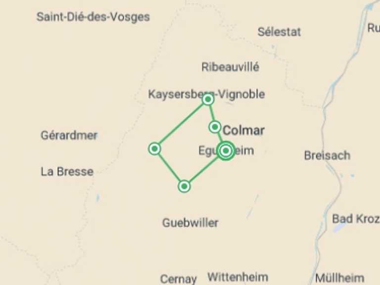 Map itinerary of Mediterranean Tour in April 2026 with 6 destination visits for the trip: Alsace Mountains & Vineyards Walk
