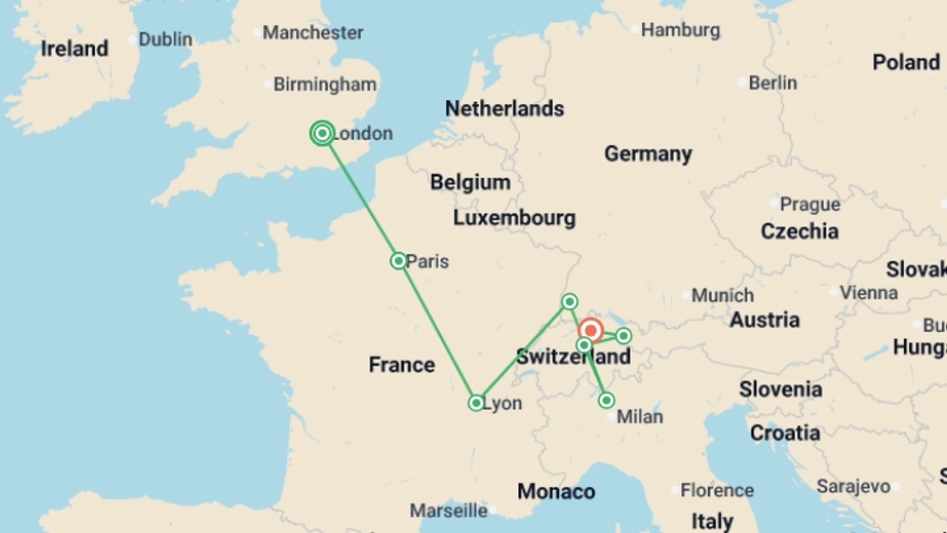A map showing the tour itinerary for the trip: London to Zurich, starting in London, England and ending in Zurich, Switzerland going through 6 other destinations.
