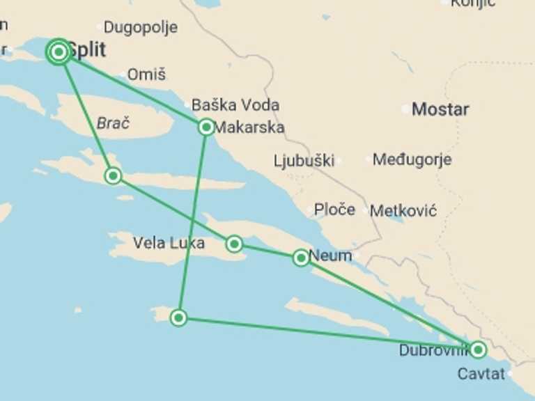 Map of 10-Day Split Tour with 7 destination visits for the trip: Adriatic Youth Sailing Adventure - 10 days