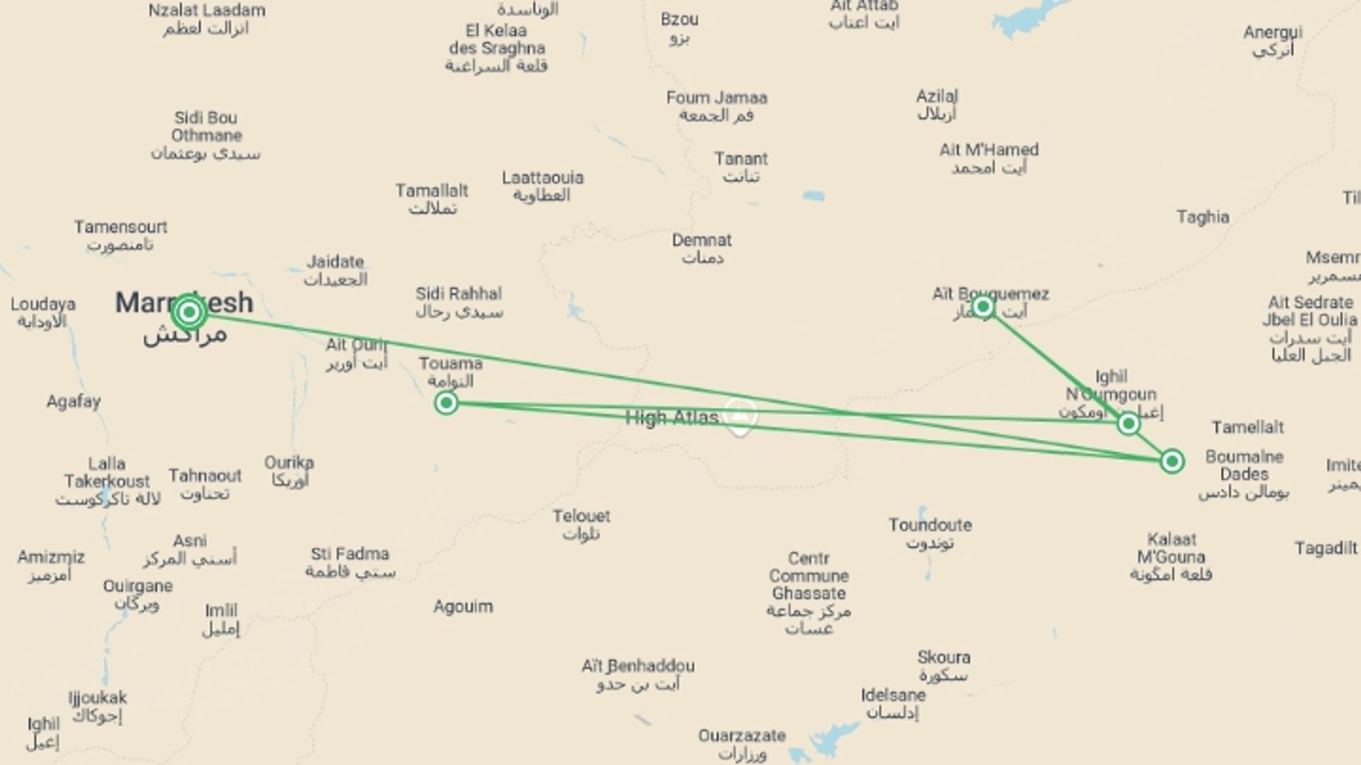A map showing the tour itinerary for the trip: Morocco: Women's Expedition, starting in Marrakech, Morocco and ending in Marrakech, Morocco going through 4 other destinations.