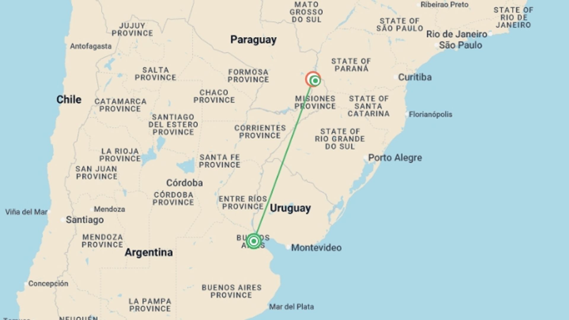 A map showing the tour itinerary for the trip: Argentina: Buenos Aires & Iguazú Falls - 6 days, starting in Buenos Aires, Argentina and ending in Puerto Iguazu, Argentina going through 4 other destinations.
