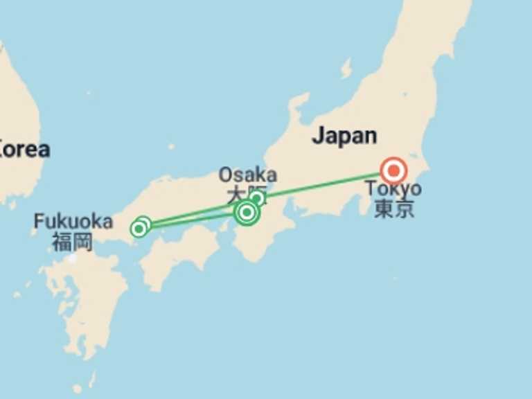 Map itinerary of Osaka Tour in October 2026 with 5 destination visits for the trip: Best of Japan Small Group Tour