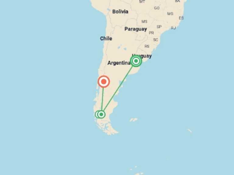 Map itinerary of Patagonia Tour in June 2026 with 5 destination visits for the trip: Buenos Aires & Patagonia Family Exploration