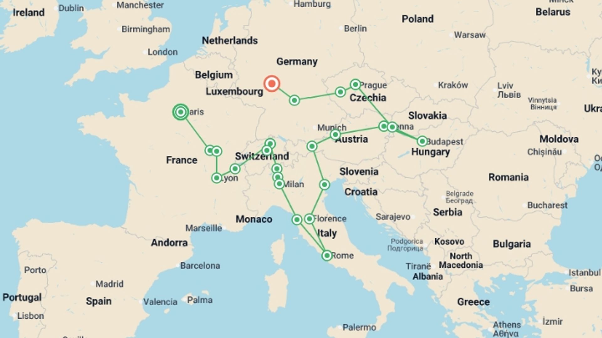 A map showing the tour itinerary for the trip: Incredible Europe AR, starting in Paris, France and ending in Frankfurt, Germany going through 10 other destinations.
