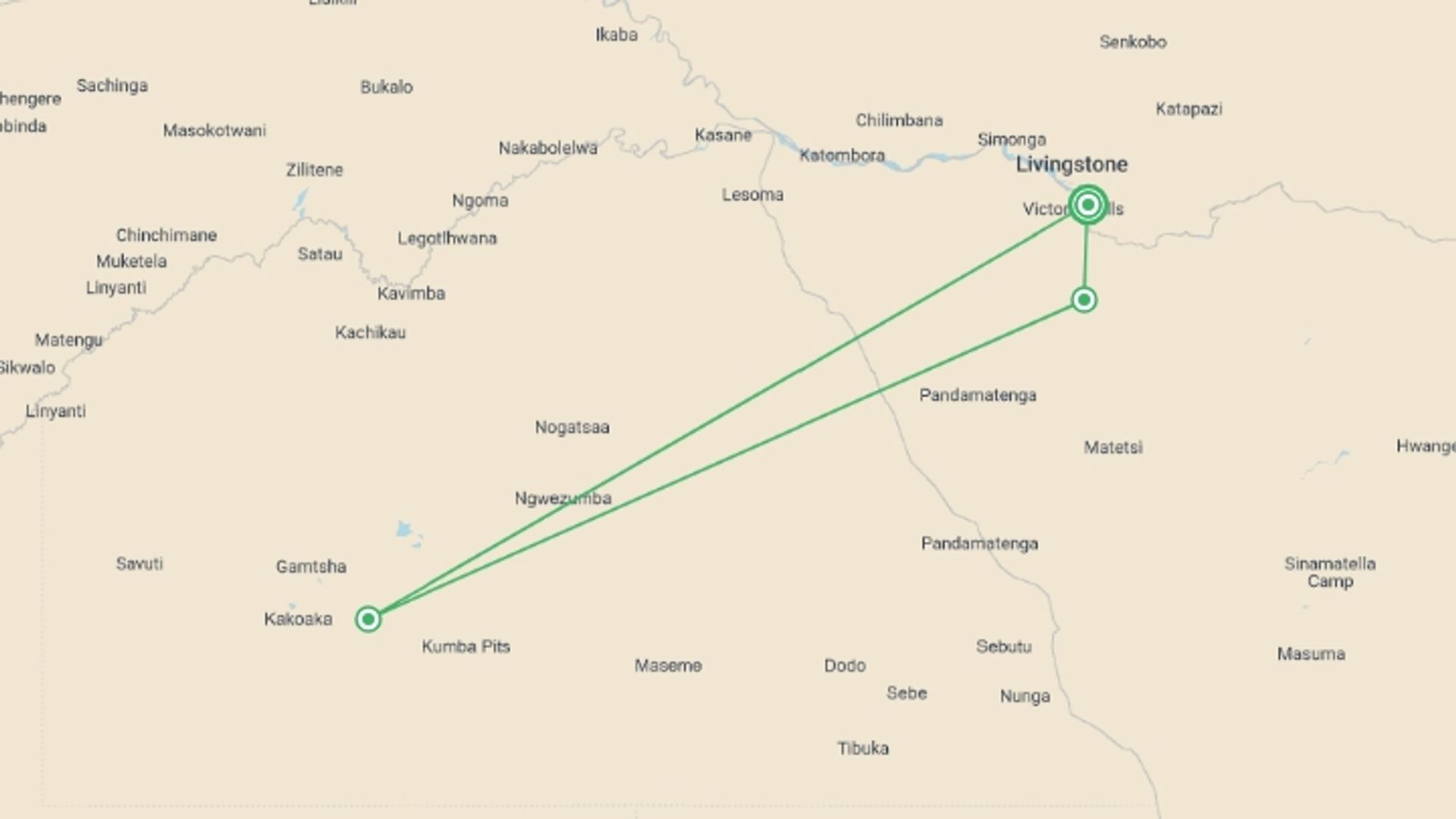 A map showing the tour itinerary for the trip: Victoria Falls & Chobe National Park 4 D/ 3 N Package, starting in Victoria Falls, Zimbabwe and ending in Victoria Falls, Zimbabwe going through 2 other destinations.