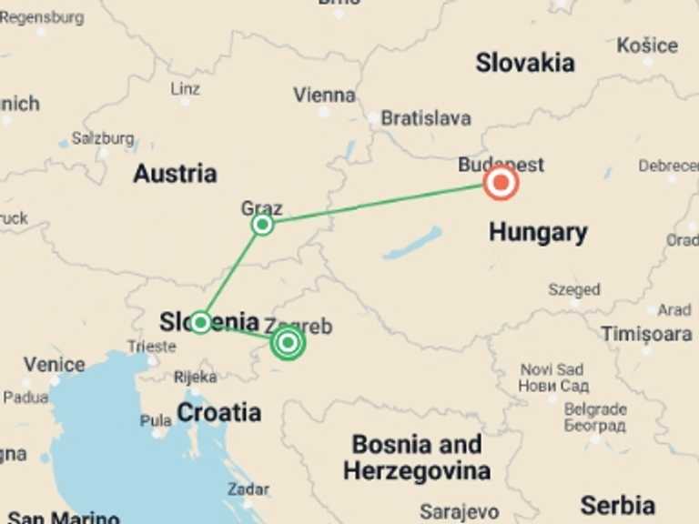 Map itinerary of Ljubljana Tour in November 2025 with 4 destination visits for the trip: Christmas in Eastern Europe: Zagreb to Budapest