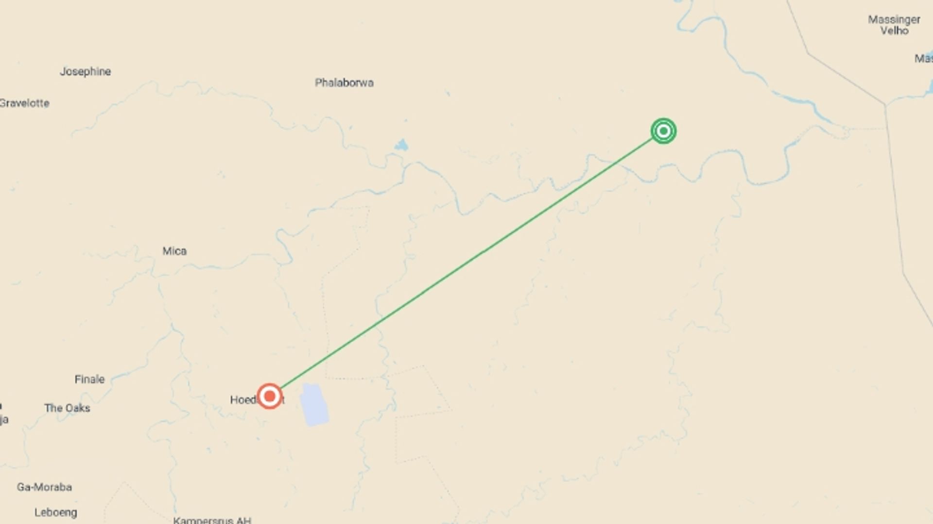 A map showing the tour itinerary for the trip: Kruger National Park Safari Experience, Self-drive, starting in Kruger National Park, South Africa and ending in Hoedspruit, South Africa going through 0 other destinations.