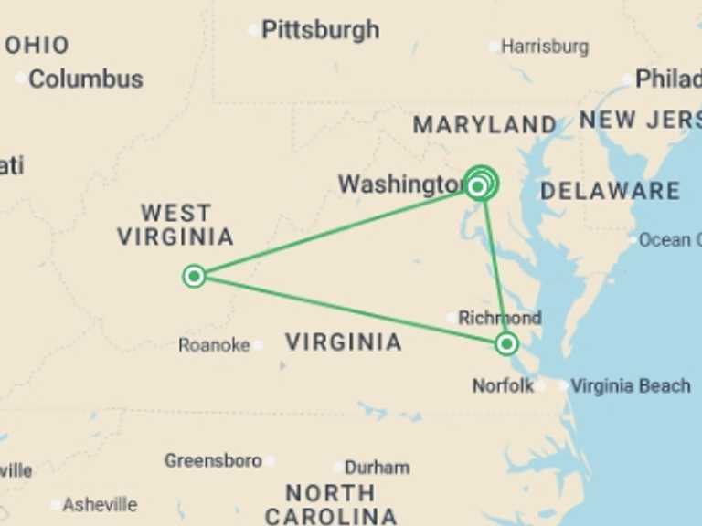 Map itinerary of Washington D.C. Tour in September 2025 with 4 destination visits for the trip: American Heritage featuring The Greenbrier Resort