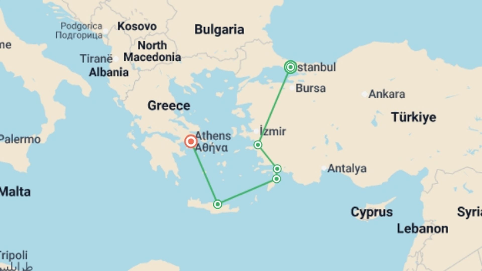 A map showing the tour itinerary for the trip: Greco-Turkish Passion with Crete End Athens, starting in Istanbul, Turkey and ending in Athens, Greece going through 4 other destinations.