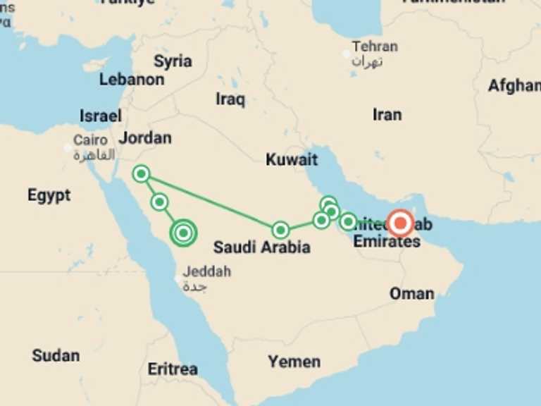 Map itinerary of Doha Tour in Winter with 9 destination visits for the trip: Classics of Arabia and jewels of the Persian Gulf end Dubai
