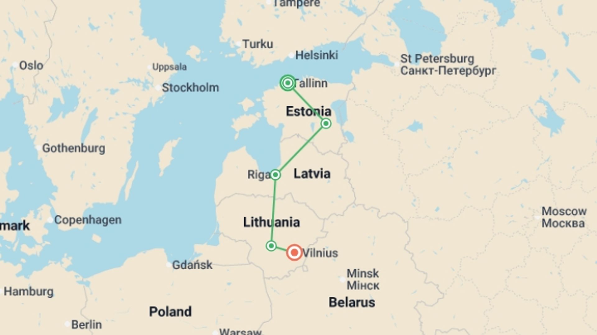A map showing the tour itinerary for the trip: Best of Baltics, starting in Tallinn, Estonia and ending in Vilnius, Lithuania going through 4 other destinations.