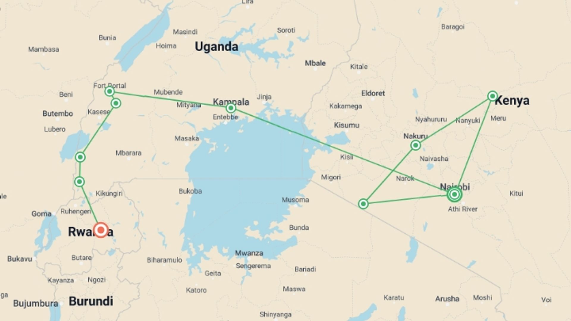 A map showing the tour itinerary for the trip: East Africa In-Depth, starting in Nairobi, Kenya and ending in Kigali, Rwanda going through 8 other destinations.
