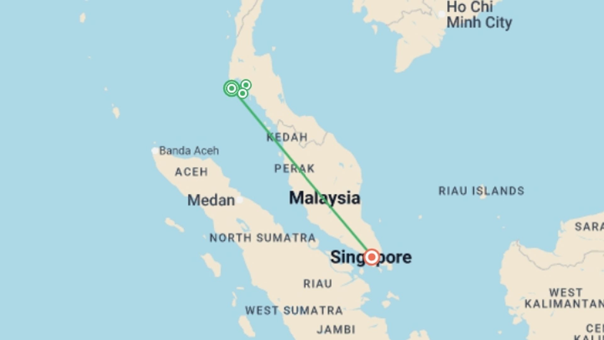 A map showing the tour itinerary for the trip: Islands Of Thailand And Singapore, starting in Phuket, Thailand and ending in Singapore, Singapore going through 2 other destinations.