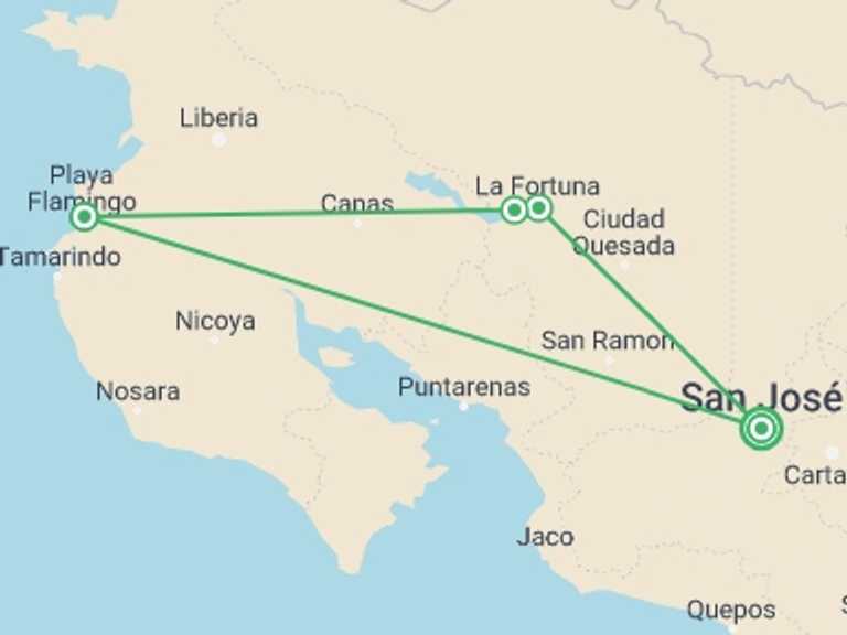 Map of San Jose Hot springs Tour with 5 destination visits for the trip: Costa Rica Experience