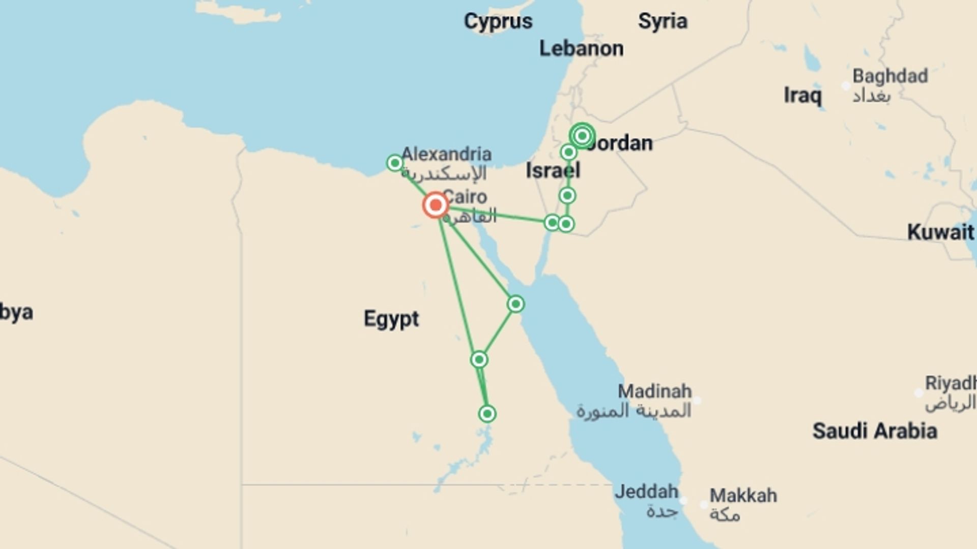 A map showing the tour itinerary for the trip: Jordan, Eternal Nile and Alexandria, starting in Amman, Jordan and ending in Cairo, Egypt going through 8 other destinations.