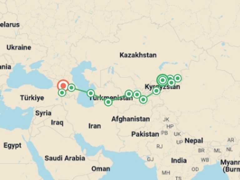 Map of Bishkek Explorer Tour with 12 destination visits for the trip: Bishkek To Tbilisi (69 Days)