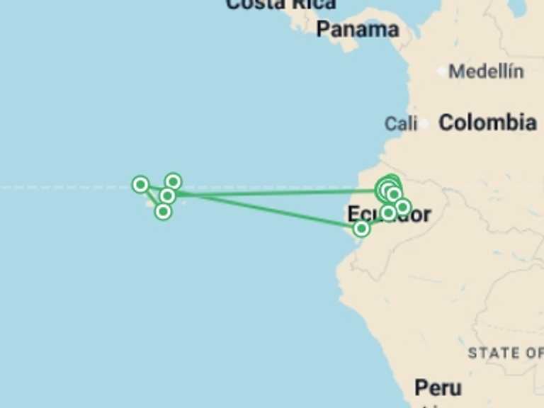 Map itinerary of Andes Tour in November 2026 with 10 destination visits for the trip: Best of Ecuador and Galapagos Cruise