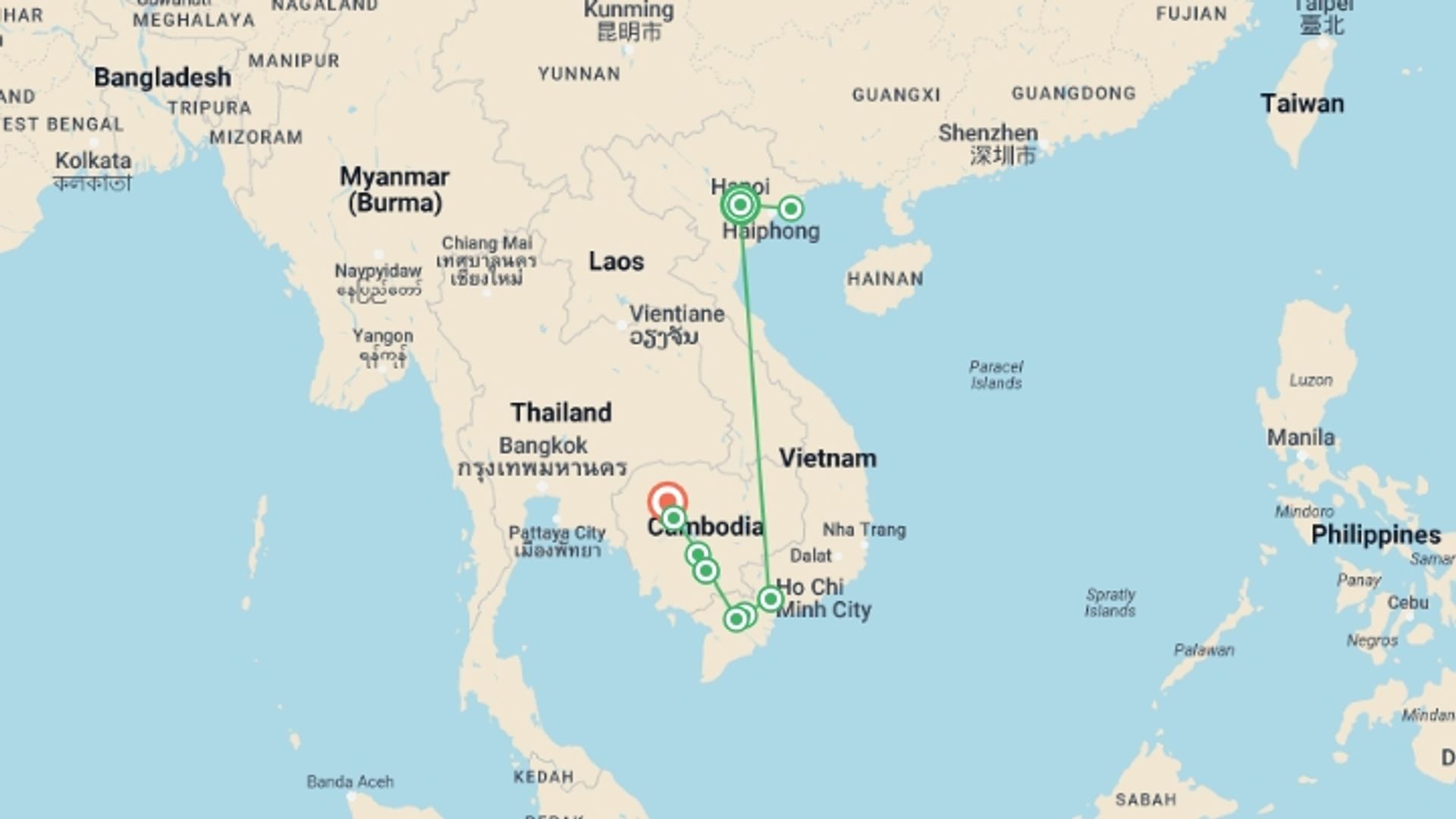 A map showing the tour itinerary for the trip: From the Mekong Delta to the Angkor Temples, Hanoi, and Halong Bay (port-to-port cruise), starting in Hanoi, Vietnam and ending in Siem Reap, Cambodia going through 7 other destinations.