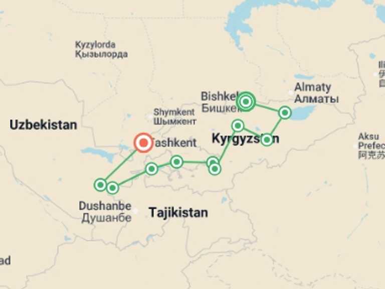 Map itinerary of Bishkek Tour in Fall with 11 destination visits for the trip: Central Asia Explorer