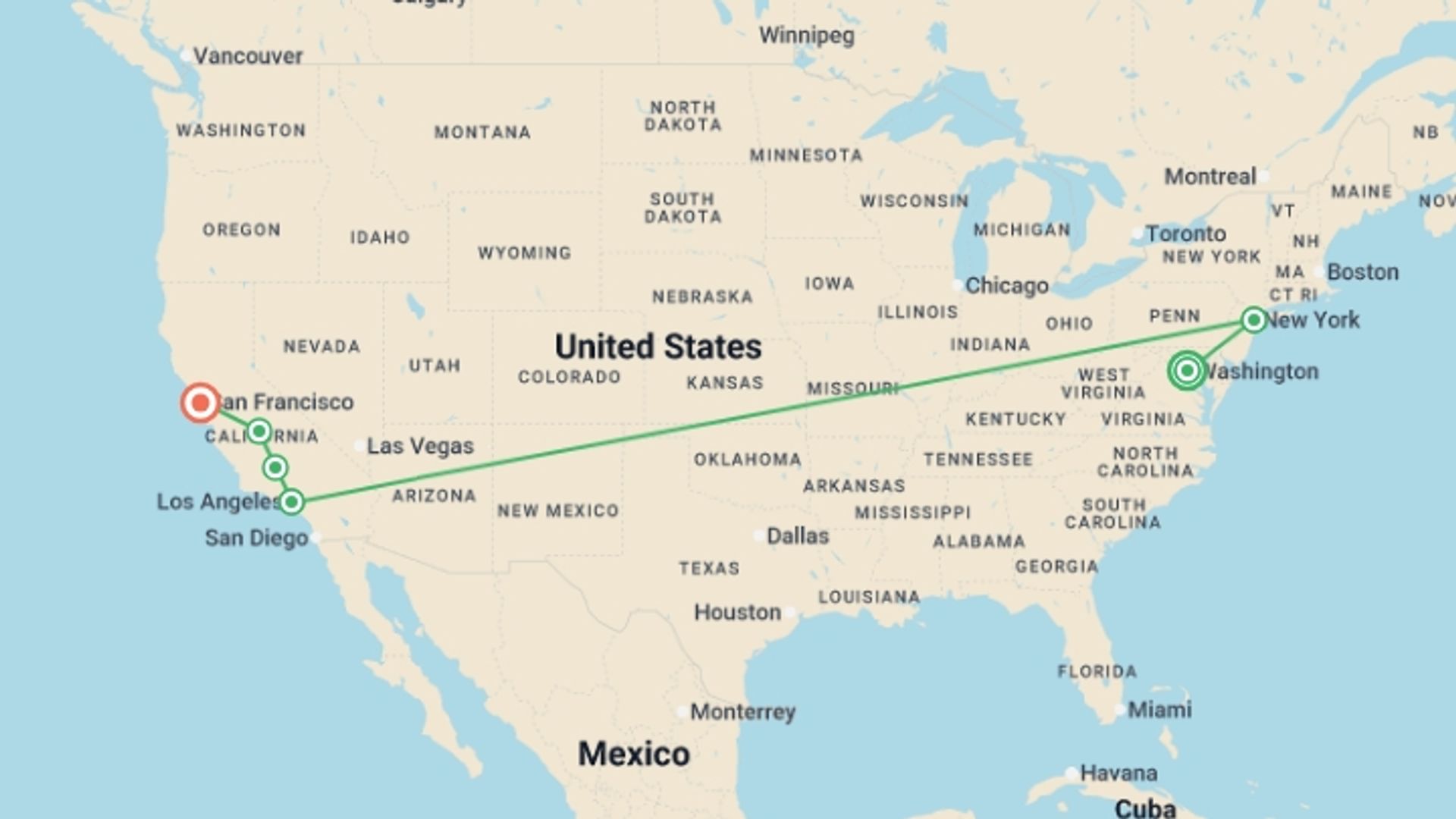 A map showing the tour itinerary for the trip: Washington, NY, and Western Classics, starting in Washington D.C., USA and ending in San Francisco, USA going through 4 other destinations.