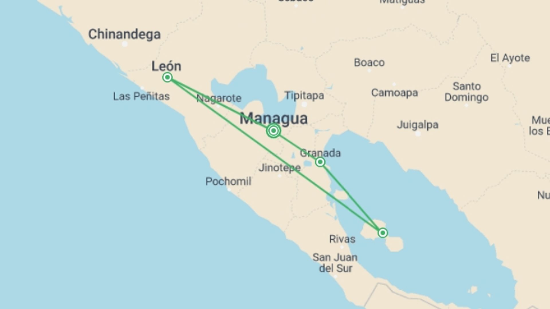 A map showing the tour itinerary for the trip: Best of Nicaragua, starting in Managua, Nicaragua and ending in Managua, Nicaragua going through 3 other destinations.