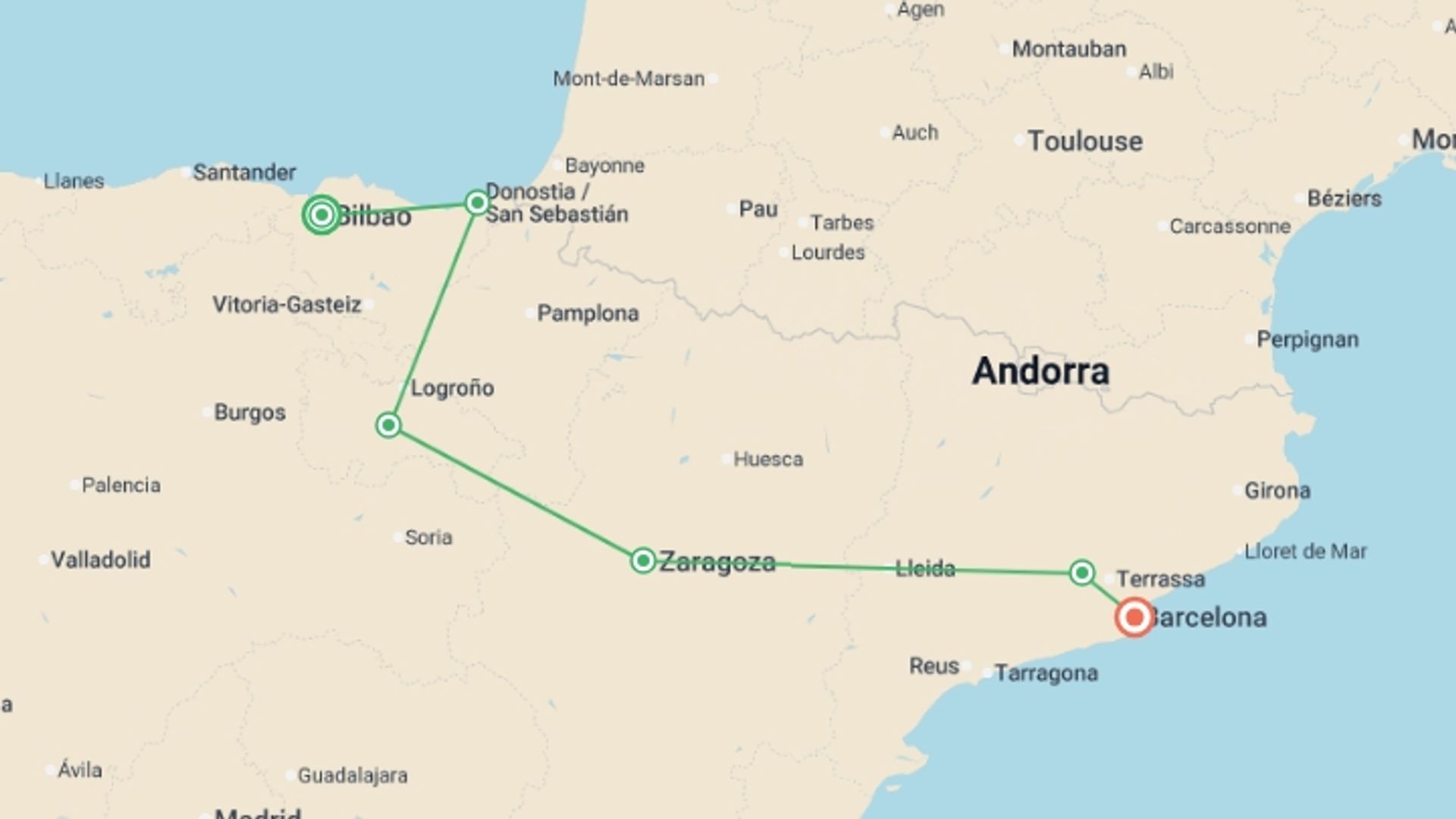 A map showing the tour itinerary for the trip: A Taste of Northern Spain: Catalonia and the Basque Country, starting in Bilbao, Spain and ending in Barcelona, Spain going through 4 other destinations.