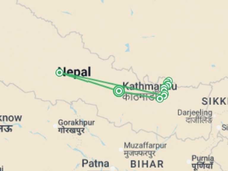 Map of South Asia Trekking and Hiking Tour with 12 destination visits for the trip: Everest Base Camp