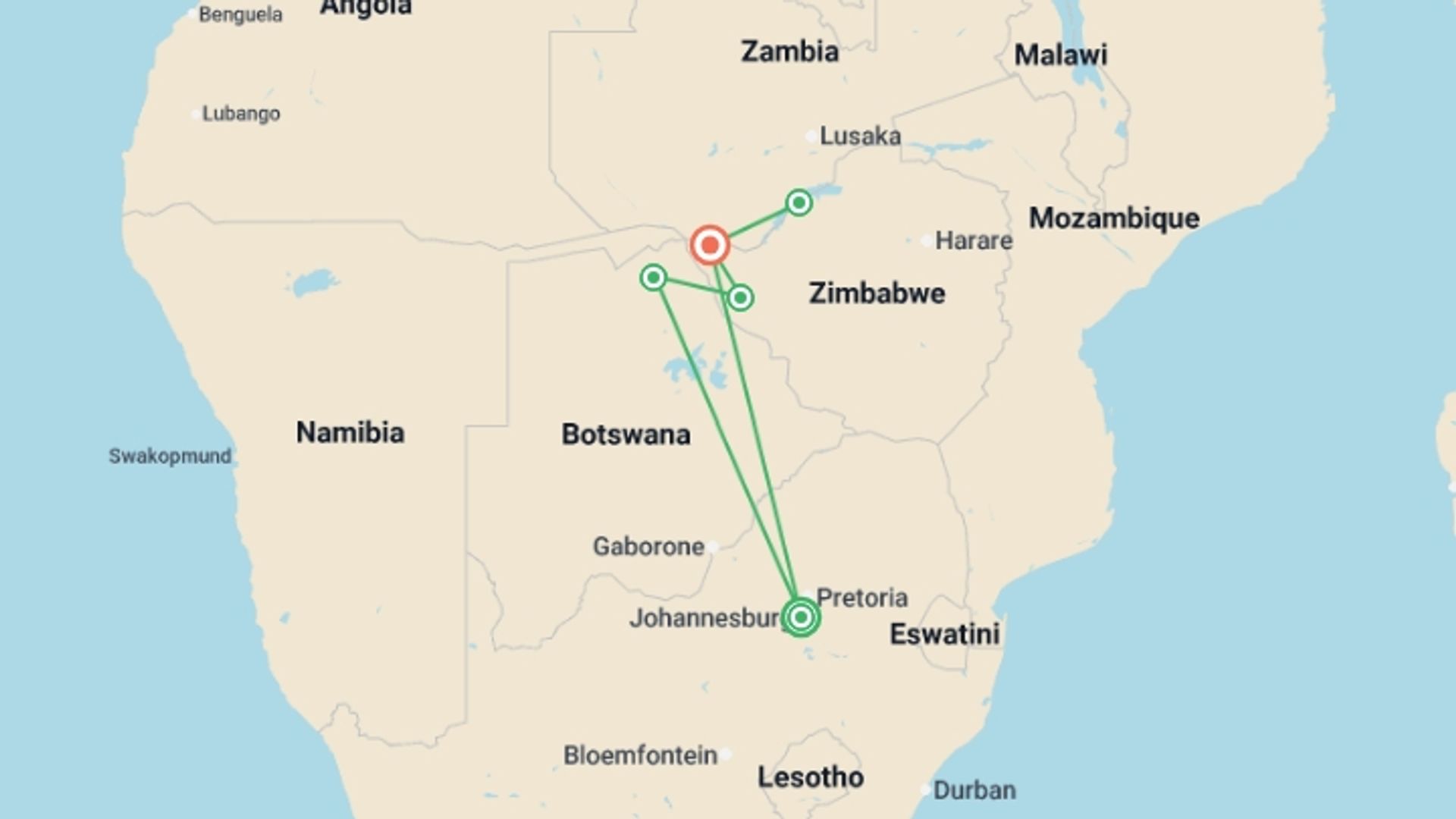 A map showing the tour itinerary for the trip: Wilderness of Southern Africa: Safari by Land & Water , starting in Johannesburg, South Africa and ending in Victoria Falls, Zimbabwe going through 3 other destinations.