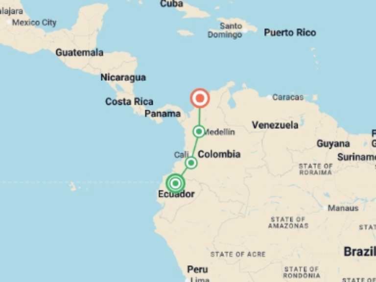 Map itinerary of Africa Tour in June 2026 with 5 destination visits for the trip: QUITO to CARTAGENA (21 days) Colombian Adventure