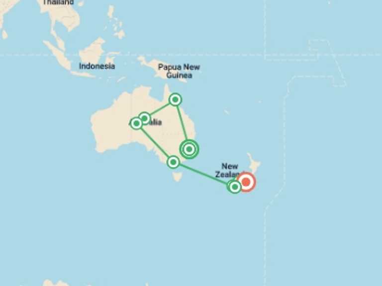 Map itinerary of Oceania Tour in May 2027 with 3 destination visits for the trip: Australia's Outback to New Zealand's South Island 