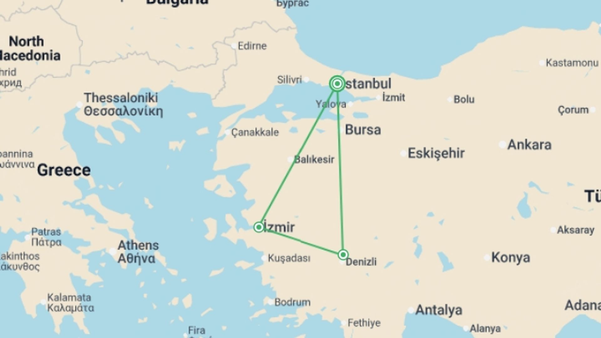A map showing the tour itinerary for the trip: 3 Days-western Turkey Tour From/to Istanbul, starting in Istanbul, Turkey and ending in Istanbul, Turkey going through 2 other destinations.