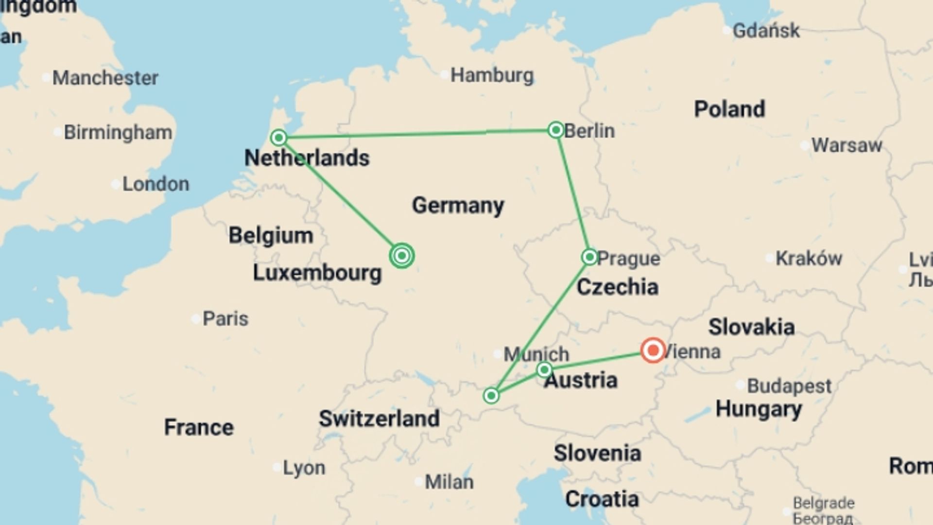A map showing the tour itinerary for the trip: From Frankfurt to Vienna, starting in Frankfurt, Germany and ending in Vienna, Austria going through 5 other destinations.