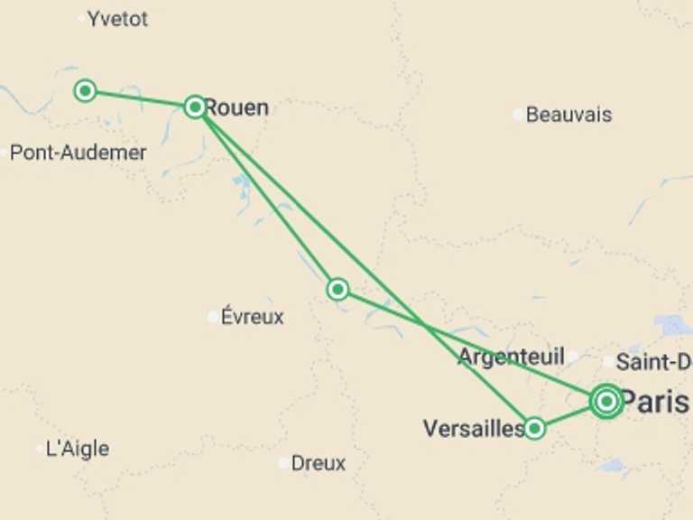 Map itinerary of Mediterranean Tour in Summer with 5 destination visits for the trip: Paris & Normandy (2027)