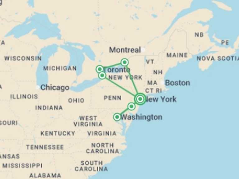Map itinerary of Canada Tour in October 2025 with 4 destination visits for the trip: Highlights of the Northeast US - 5 days