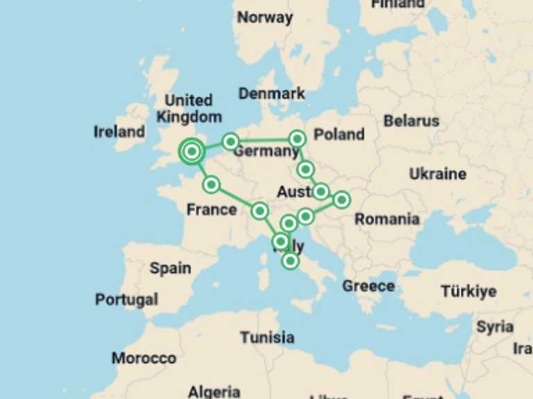 Map itinerary of England Tour in December 2025 with 12 destination visits for the trip: Play & Pause: Central & Eastern Europe (Winter)